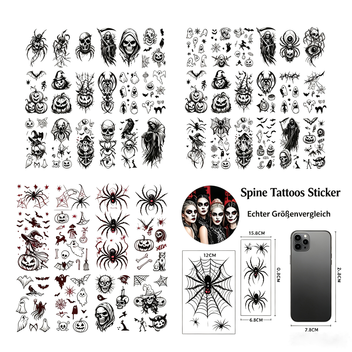 💀 Halloween Party Temporary Tattoos, Fun Face & Body Stickers for Kids & Adults🎃