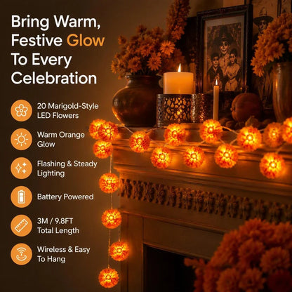 🎁Marigold LED Memorial String Lights – 20 Glowing Flowers for Ofrendas & Remembrance