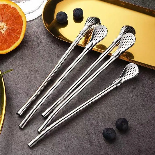 2-in-1 Stainless Steel Straw & Spoon, Reusable Drinking Straw with Stirring Spoon & Filter