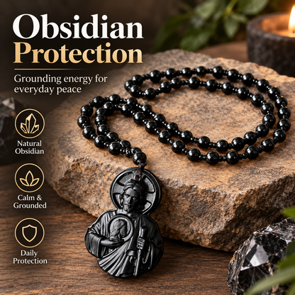 Divine Grace Carved Obsidian Jesus & Black Beads Necklace 🙏