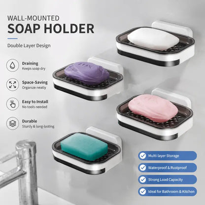 Wall-Mounted Double Soap Holder with Drain Tray – No-Drill Bathroom Organizer