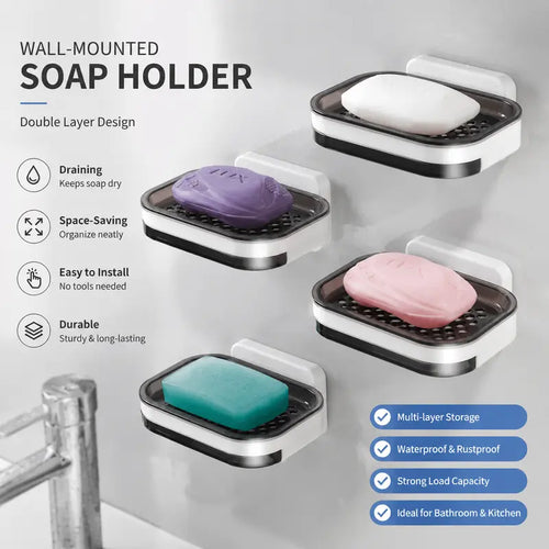 Wall-Mounted Double Soap Holder with Drain Tray – No-Drill Bathroom Organizer