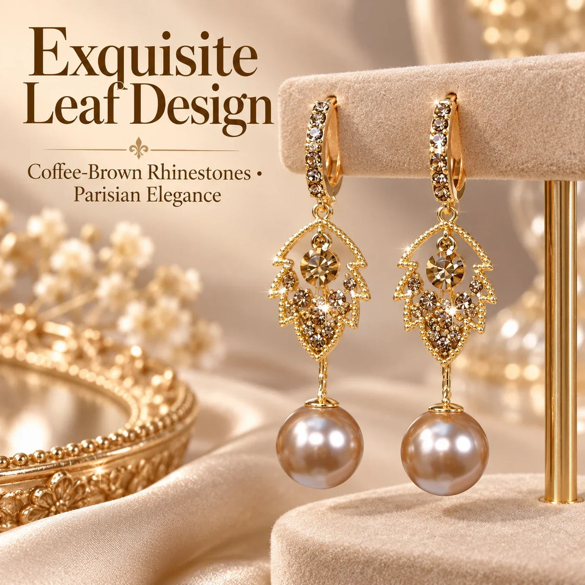 ✨ Elegant Crystal Leaf & Pearl Drop Earrings