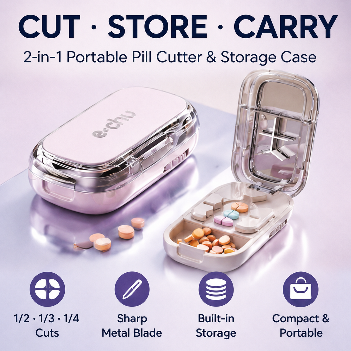 💊Portable Pill Cutter/Splitter & Storage Case (Cuts into 1/2, 1/3, or 1/4 portions)