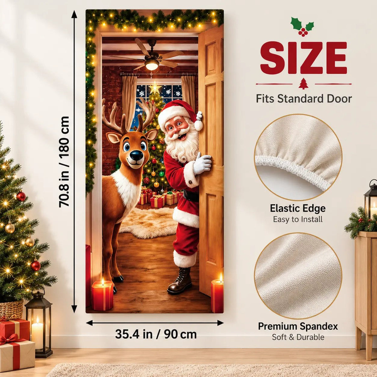 Christmas Door Cover - Stretch Fit Santa & Reindeer Door Decoration with 4-Side Elastic Edges🎅 - image 9