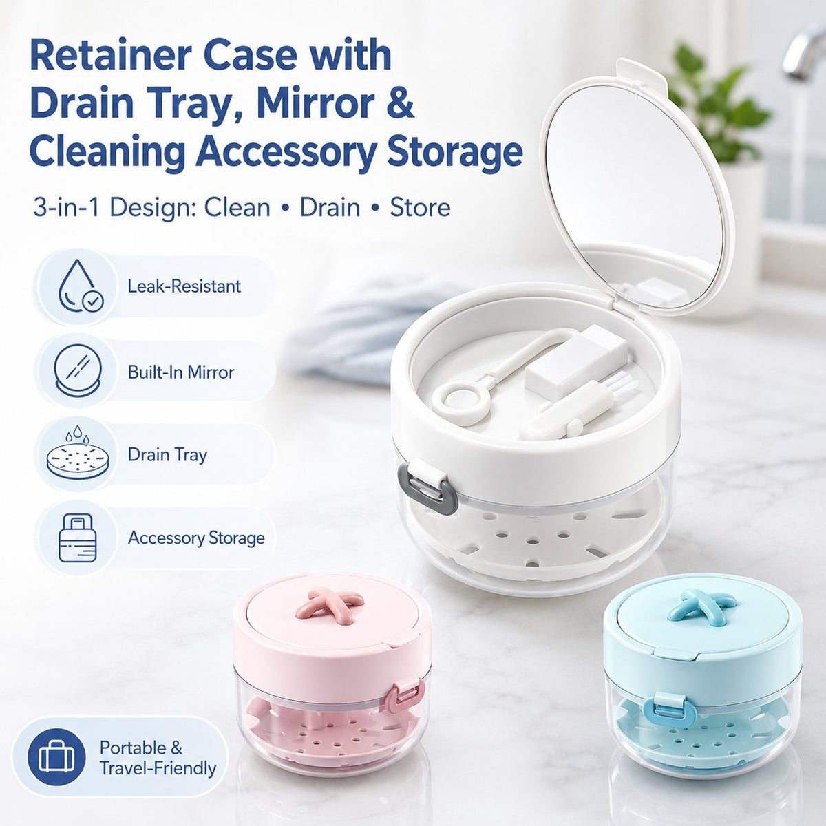 🦷✨3-in-1 Retainer Cleaning & Storage Case – Portable Leak-Resistant Soak Box with Drain Tray, Mirror & Cleaning Brush 🎁Buy 2 Free Shipping