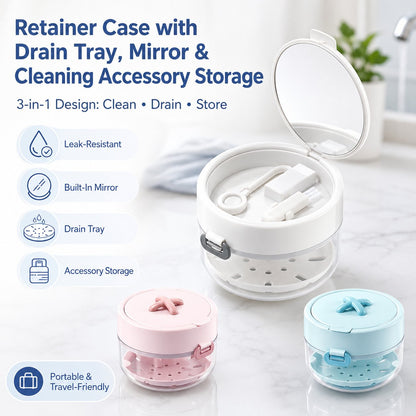 🦷✨3-in-1 Retainer Cleaning & Storage Case – Portable Leak-Resistant Soak Box with Drain Tray, Mirror & Cleaning Brush 🎁Buy 2 Free Shipping