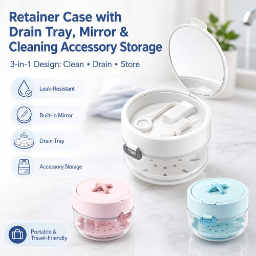 🦷✨3-in-1 Retainer Cleaning & Storage Case – Portable Leak-Resistant Soak Box with Drain Tray, Mirror & Cleaning Brush 🎁Buy 2 Free Shipping