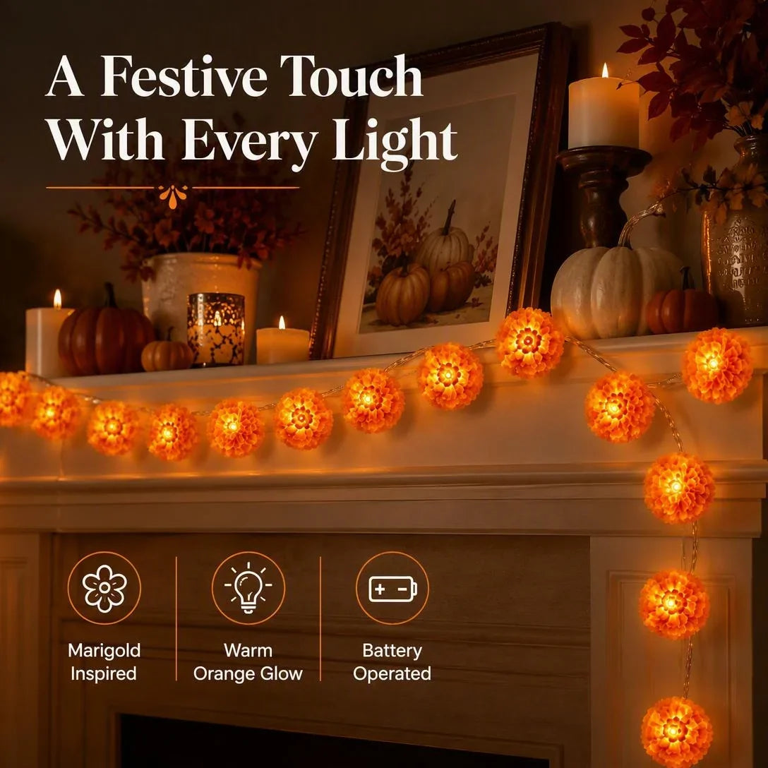 🎁Marigold LED Memorial String Lights – 20 Glowing Flowers for Ofrendas & Remembrance