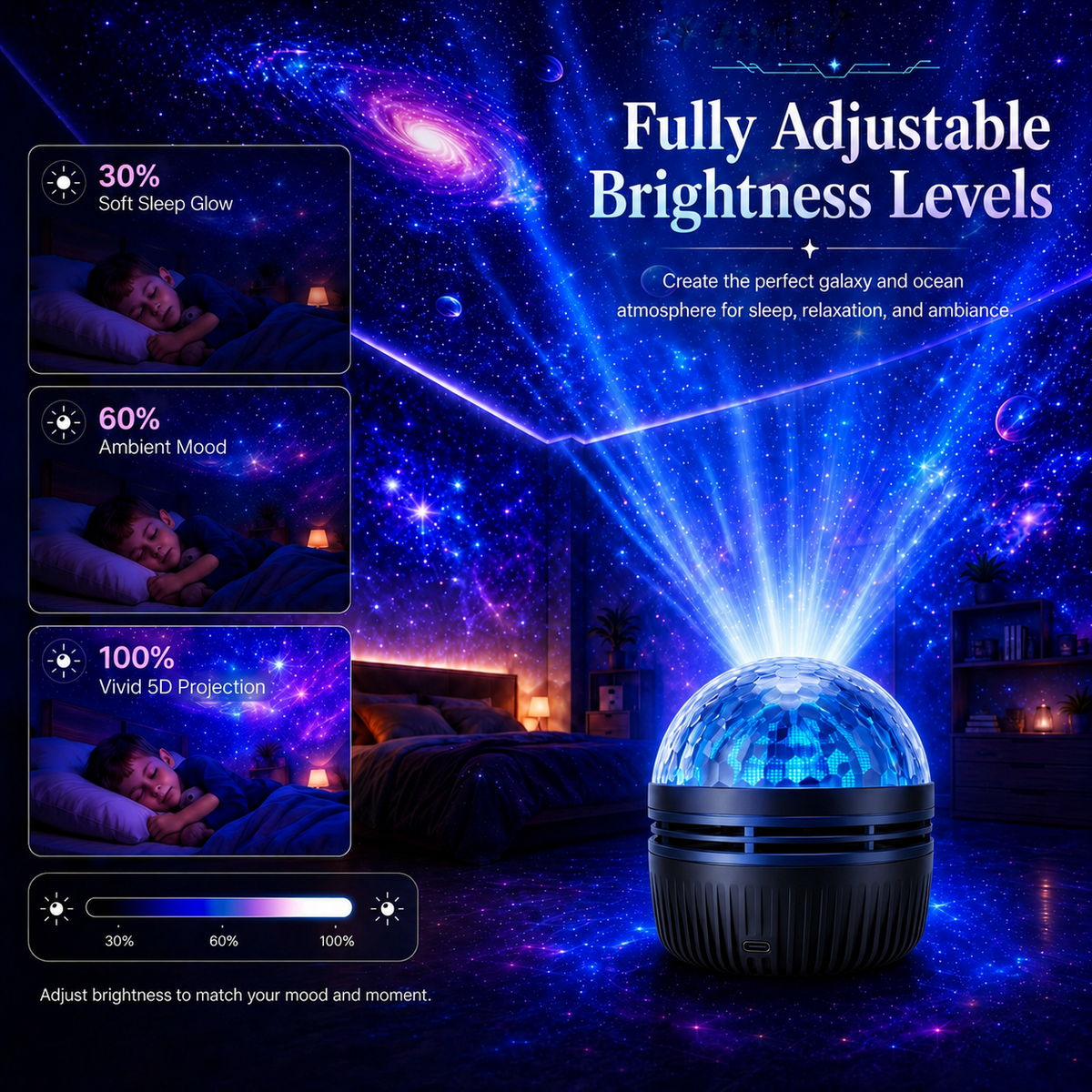 360° Smart Galaxy Projector – Ocean, Space & Ambient Room Scenes