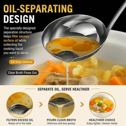 🍲 Food-Grade Stainless Steel Broth Ladle with Built-In Oil Strainer