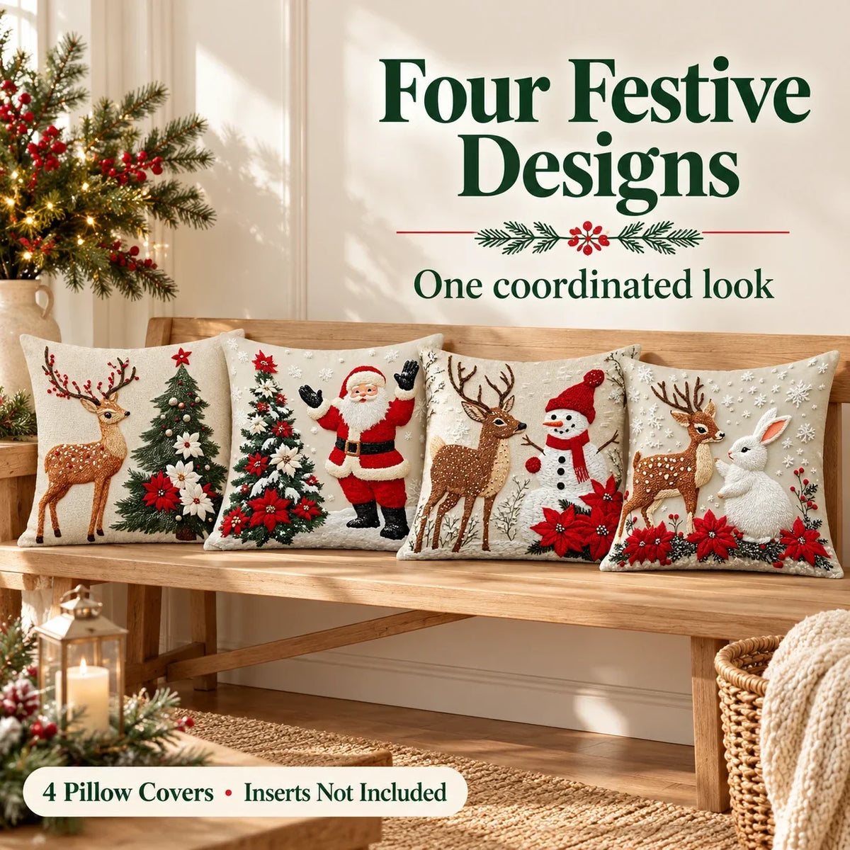 🎄 Christmas Pillow Covers 4-Piece Set — Festive Sofa Makeover