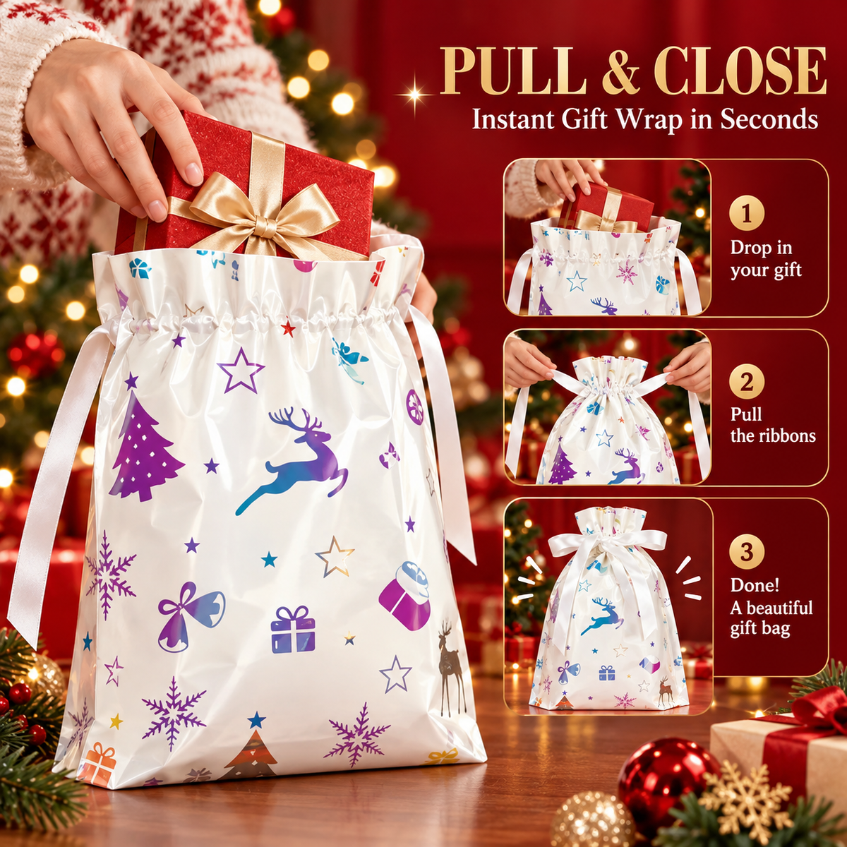 Christmas Holographic Self-Standing Drawstring Gift Bags 🎄🎁