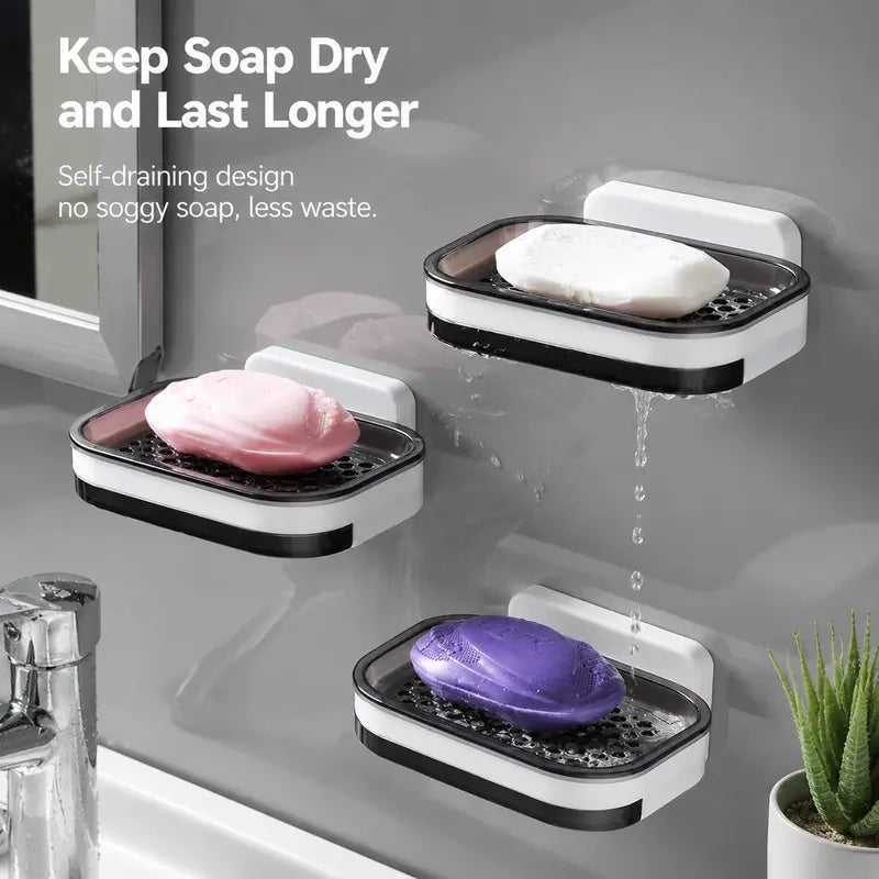 Wall-Mounted Double Soap Holder with Drain Tray – No-Drill Bathroom Organizer