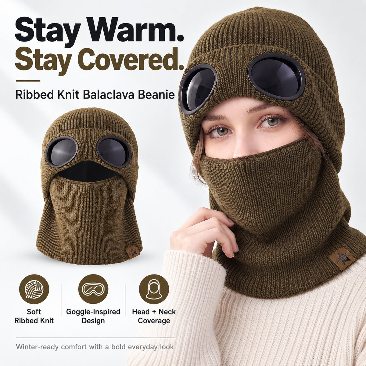 ❄️ Winter Ready · Ribbed Knit Balaclava Beanie with Goggle-Style Eye Panels 🥶