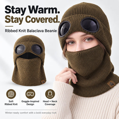 ❄️ Winter Ready · Ribbed Knit Balaclava Beanie with Goggle-Style Eye Panels 🥶