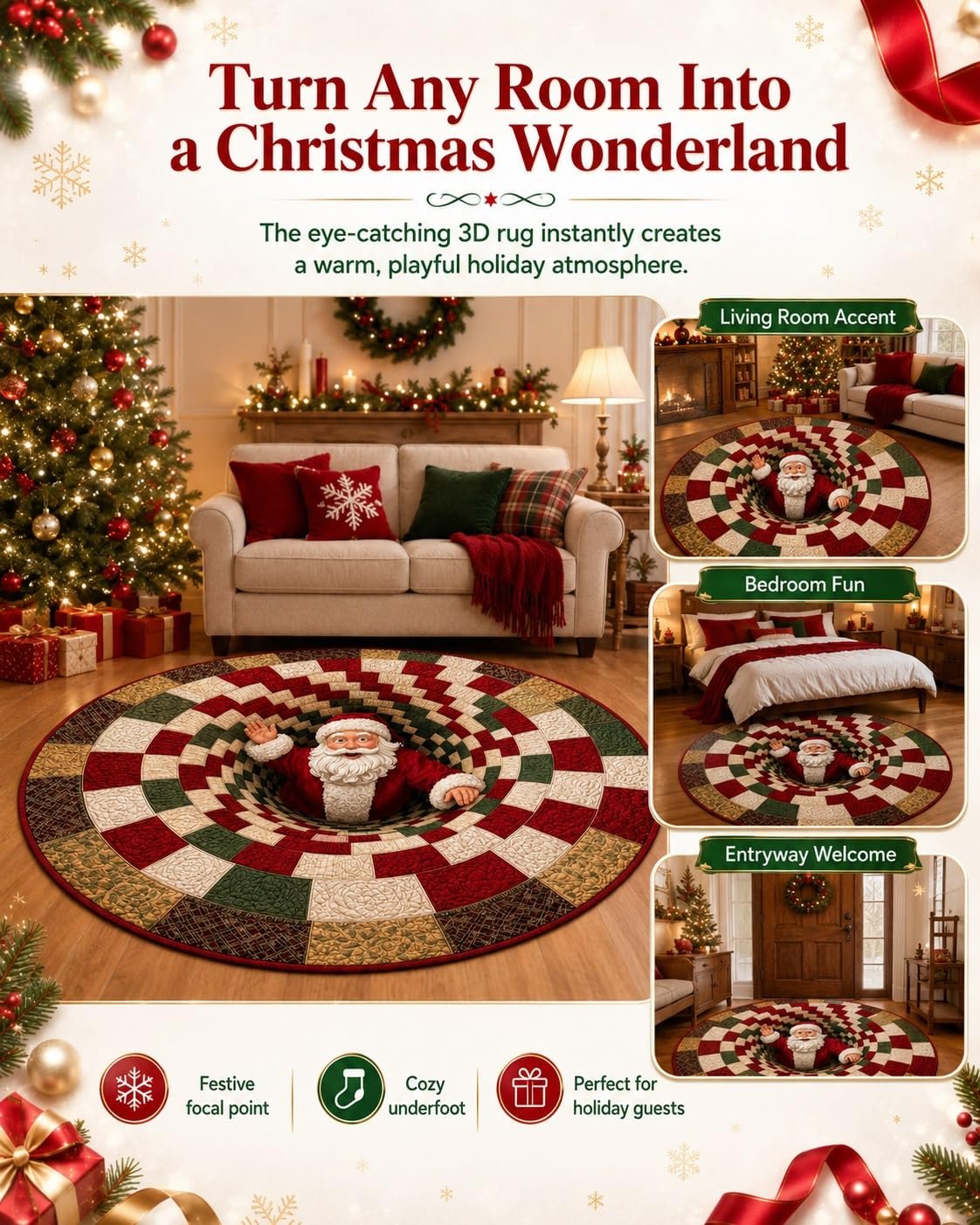 💯🎄3D Christmas Gnome Optical Illusion Round Rug | Fun Festive Home Decor Must‑Have⭐🏠🎁