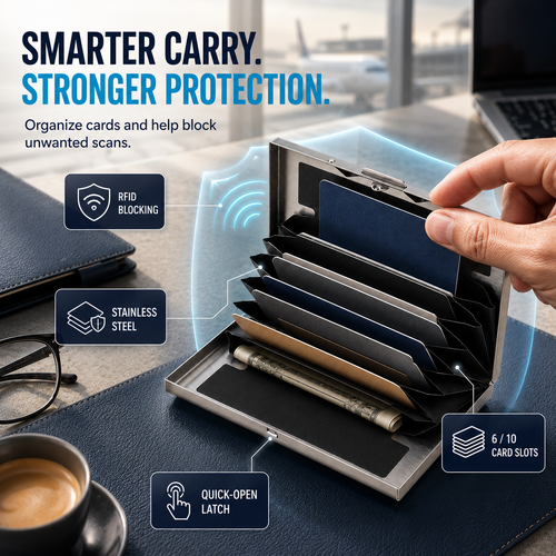 🔒 RFID-Blocking Stainless Steel Card Wallet – 6/10-Card Slim Organizer