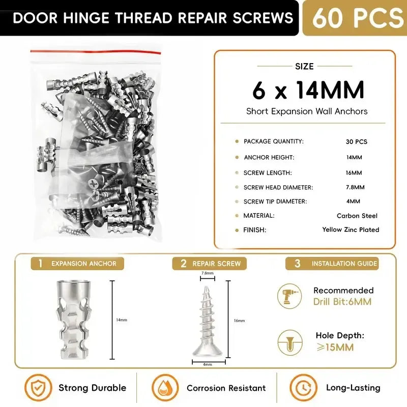 High Strength Hinge Repair Screws | 6×14mm Door Hinge Thread Repair Screws Kit