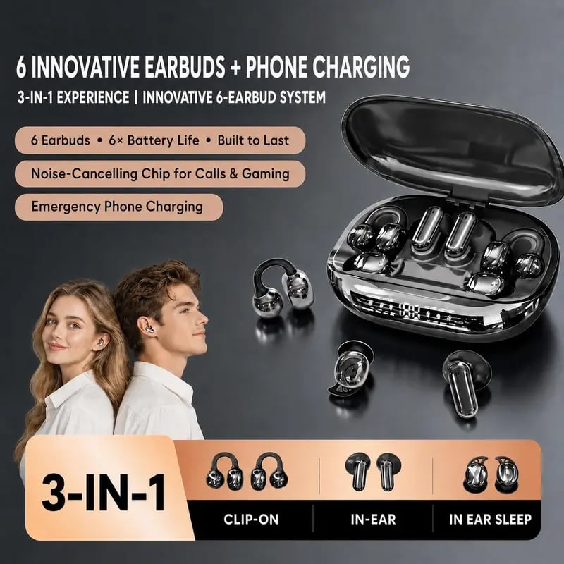 🎧 3-IN-1 Wireless Earbuds, 6 Earbuds Total with Power Bank Charging Case, Sleep / In-Ear / Clip-On Earphones, Reverse Charging, Sports & Sleep Bluetooth Headphones for Android & iOS