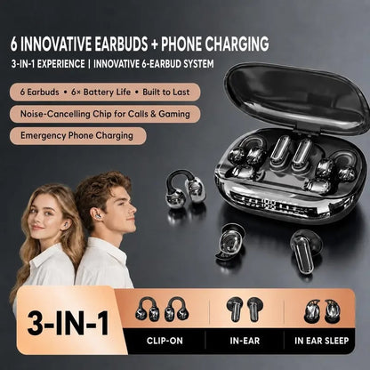 🎧 3-IN-1 Wireless Earbuds, 6 Earbuds Total with Power Bank Charging Case, Sleep / In-Ear / Clip-On Earphones, Reverse Charging, Sports & Sleep Bluetooth Headphones for Android & iOS