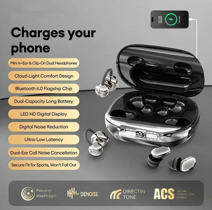 🎧 3-IN-1 Wireless Earbuds, 6 Earbuds Total with Power Bank Charging Case, Sleep / In-Ear / Clip-On Earphones, Reverse Charging, Sports & Sleep Bluetooth Headphones for Android & iOS
