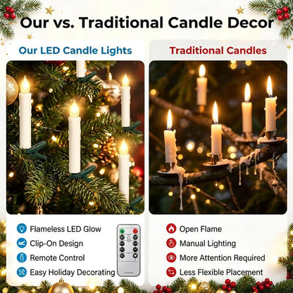 LED Flameless Candle Clip Lights with Remote, 10 Pack Battery-Operated Dimmable Lights with Timer, Flickering & Steady Modes, Batteries Included for Christmas Tree, Decorations for Room
