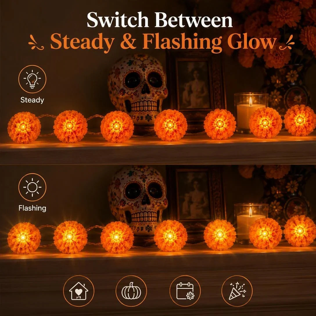 🎁Marigold LED Memorial String Lights – 20 Glowing Flowers for Ofrendas & Remembrance