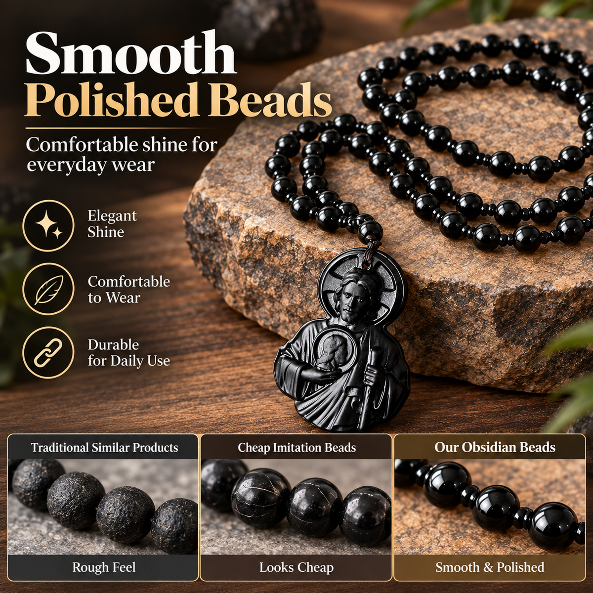 Divine Grace Carved Obsidian Jesus & Black Beads Necklace 🙏