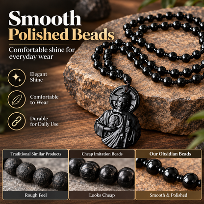 Divine Grace Carved Obsidian Jesus & Black Beads Necklace 🙏