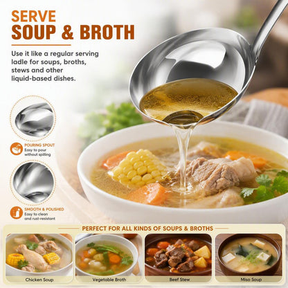 🍲 Food-Grade Stainless Steel Broth Ladle with Built-In Oil Strainer