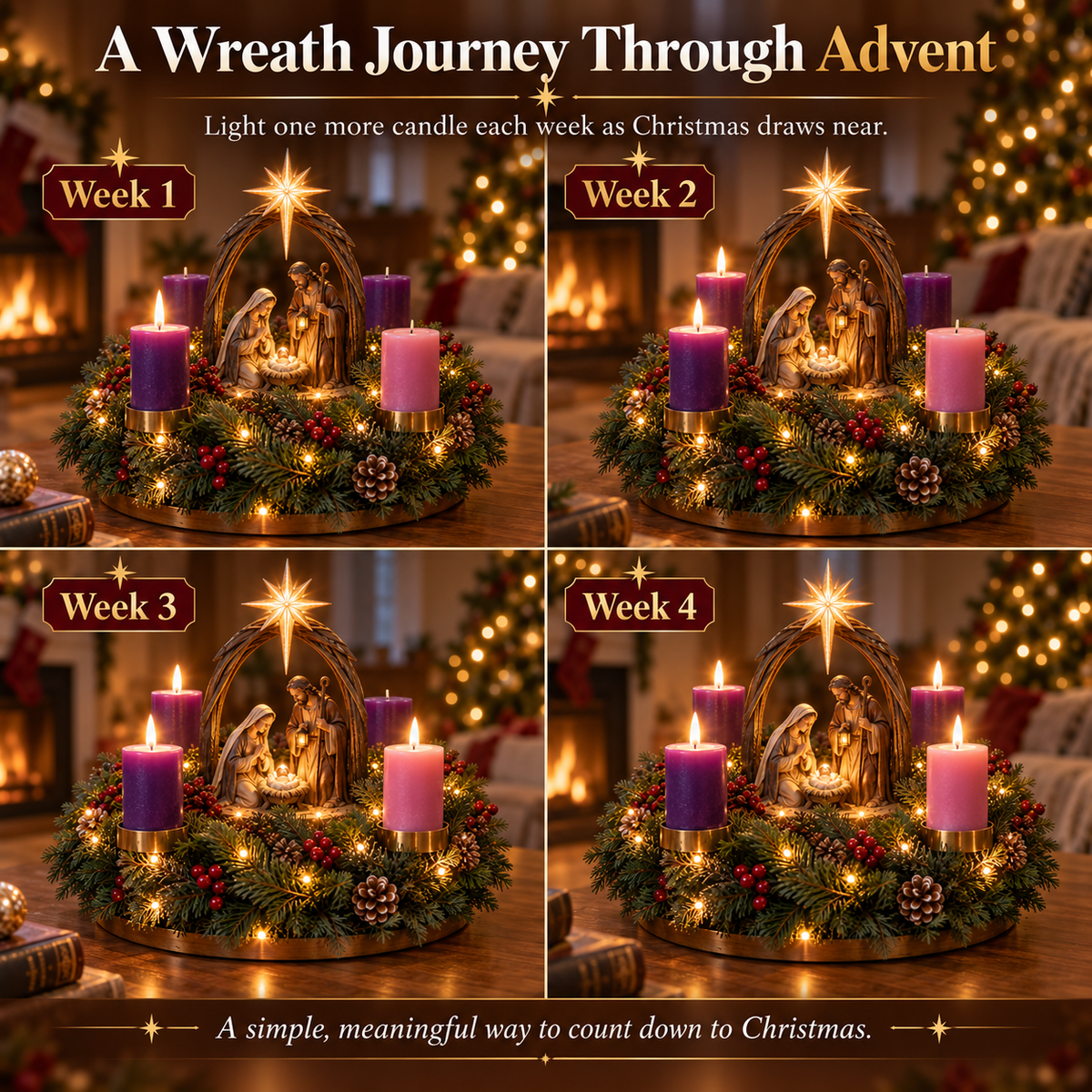 🔥  New Arrival — 30K+ Sold！👼Lighted Nativity Advent Wreath – A Sacred 4-Week Christmas Tradition🕯️