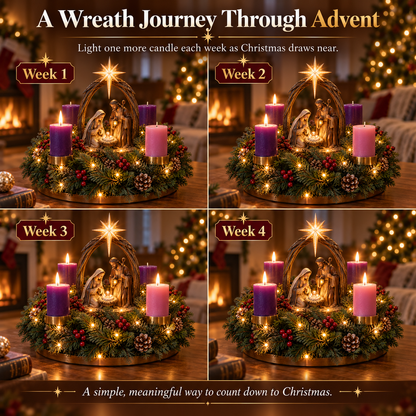 🔥  New Arrival — 30K+ Sold！👼Lighted Nativity Advent Wreath – A Sacred 4-Week Christmas Tradition🕯️