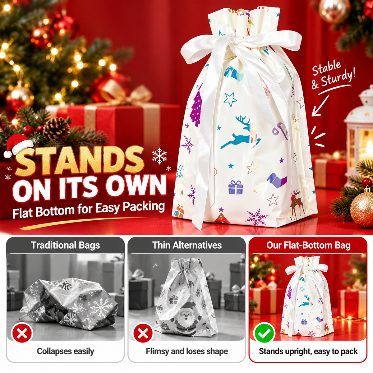 Christmas Holographic Self-Standing Drawstring Gift Bags 🎄🎁