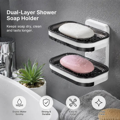 Wall-Mounted Double Soap Holder with Drain Tray – No-Drill Bathroom Organizer