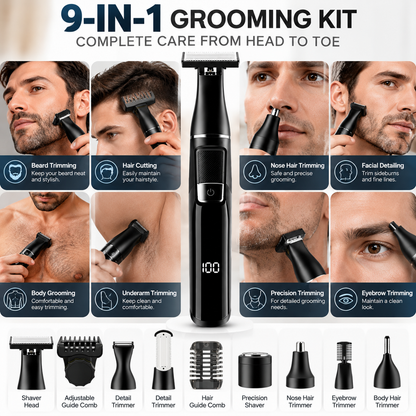 🪒 9-in-1 Electric Grooming Kit For Men – Complete Beard, Hair & Body Trimmer