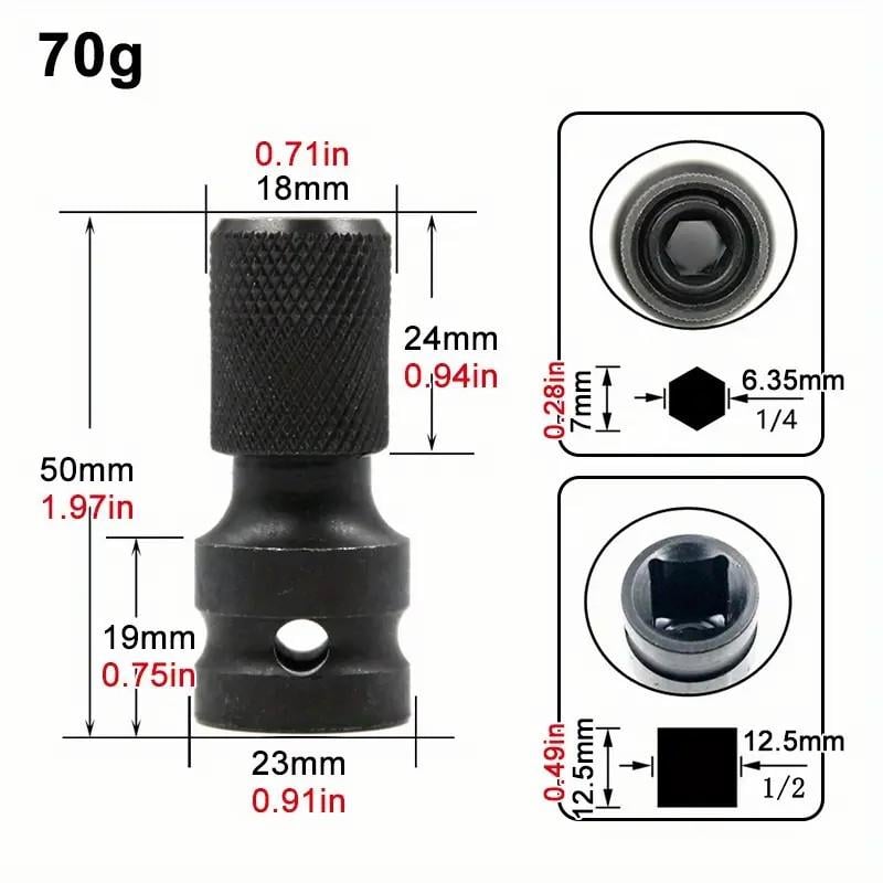 2 PCS 1/2 inch Square Drive to 1/4 inch Hex Female Socket Adapter Converter Chuck Adapter
