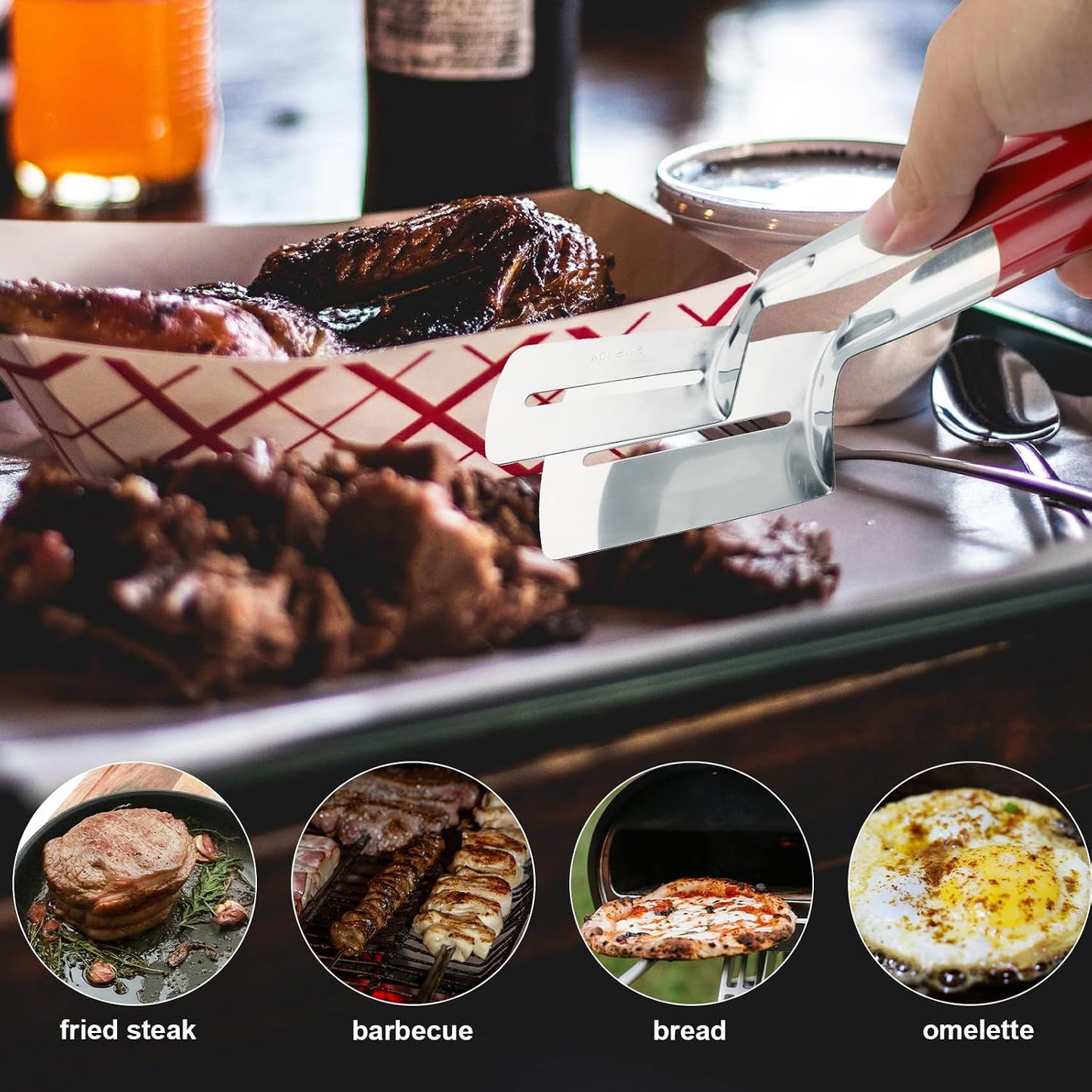 🔥Stainless Steel Kitchen Tongs, 3-in-1 BBQ Grill Tongs with Flipper & Turner, Multipurpose Cooking Tool for Steak Fish Meat