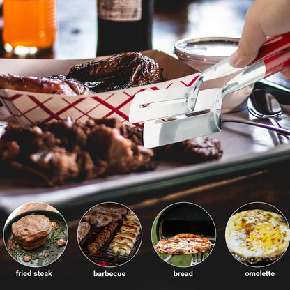 🔥Stainless Steel Kitchen Tongs, 3-in-1 BBQ Grill Tongs with Flipper & Turner, Multipurpose Cooking Tool for Steak Fish Meat