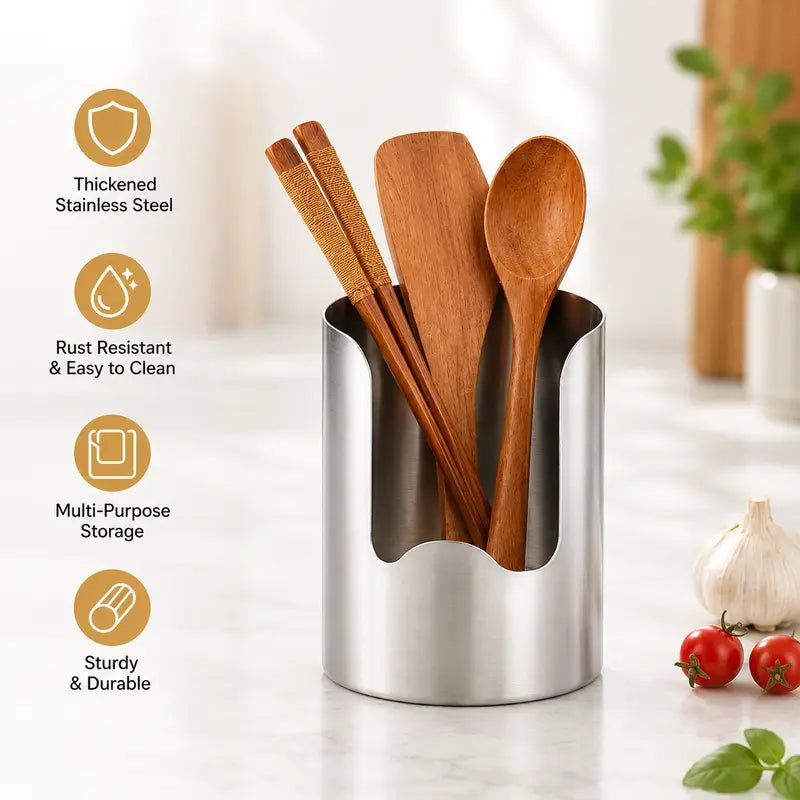 Stainless Steel Utensil Holder & Pot Lid Organizer – Rust-Proof, Drain Notch Design, Easy to Clean