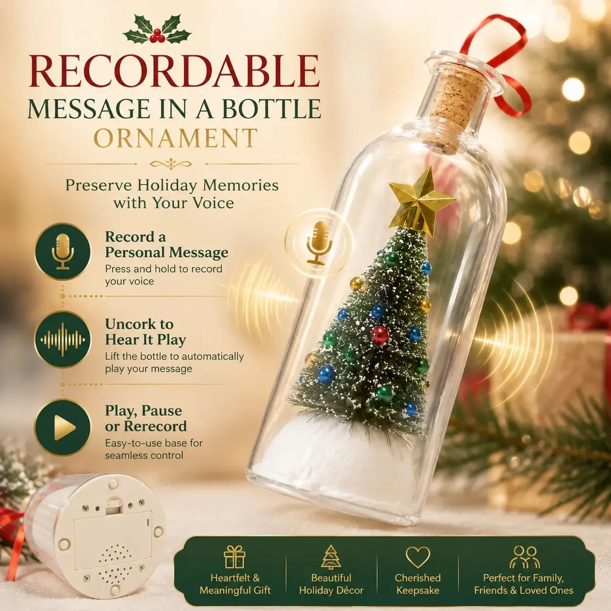 Recordable Christmas Message in a Bottle Ornament 8 Inch Voice Recording Holiday Keepsake with Playback Snowy Christmas Tree Scene Glass Bottle Decoration for Tree Home and Gift