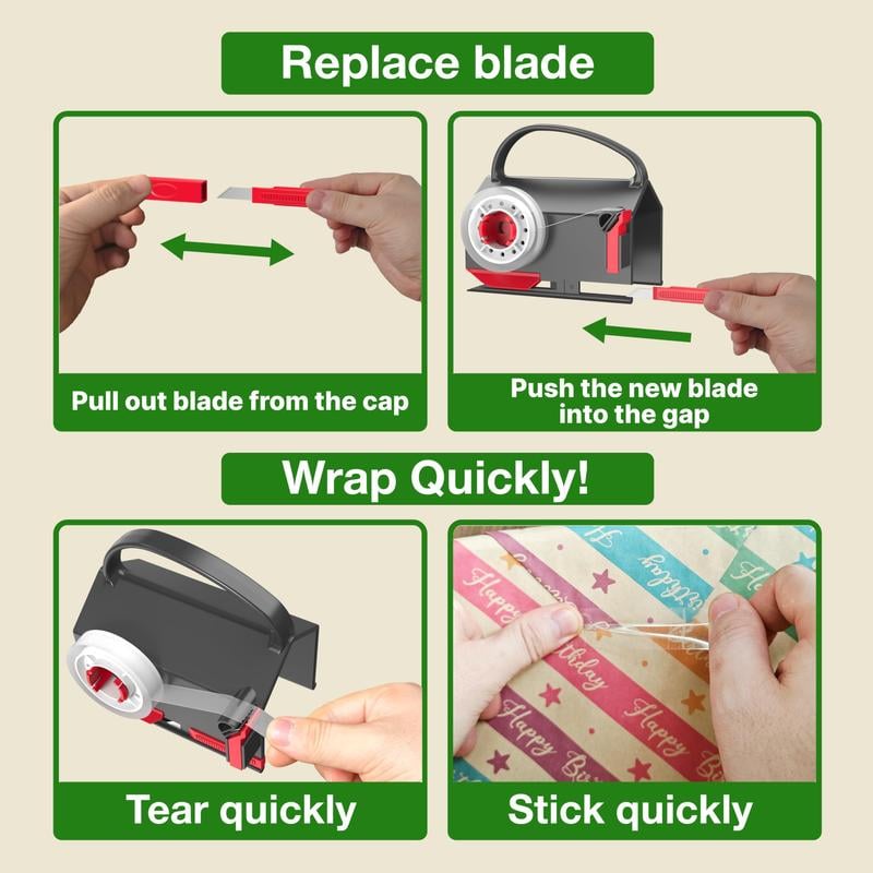 🎄Wrapping Paper Cutter & Tape Dispenser Dual Use with Tapes，Replace Blades Kit