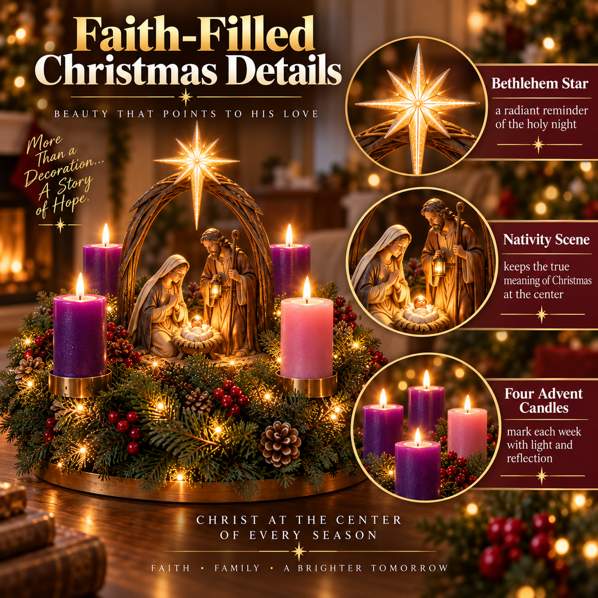 🔥  New Arrival — 30K+ Sold！👼Lighted Nativity Advent Wreath – A Sacred 4-Week Christmas Tradition🕯️