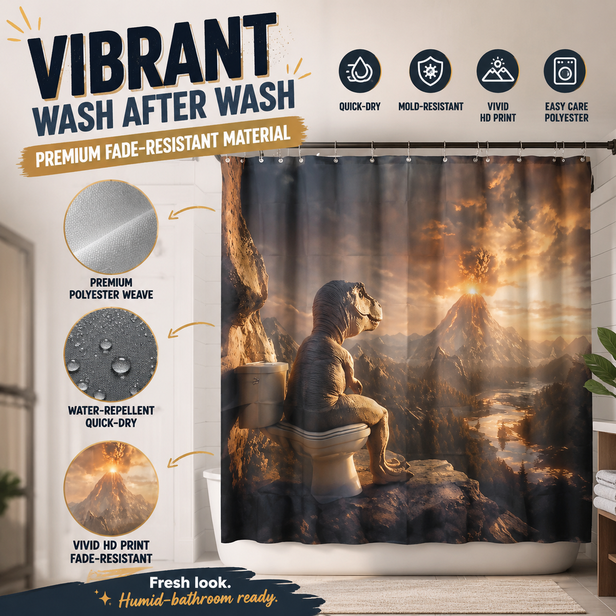 🌋 Epic Dinosaur Toilet & Volcano Eruption Funny Shower Curtain 🦖