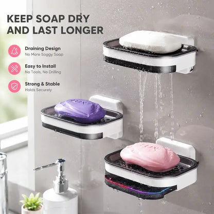 Wall-Mounted Double Soap Holder with Drain Tray – No-Drill Bathroom Organizer