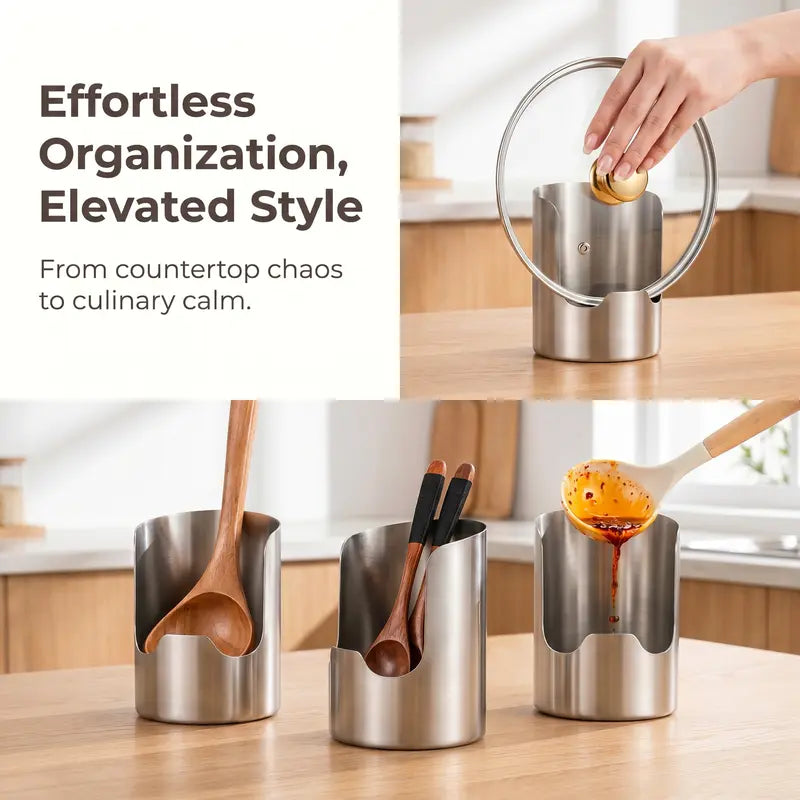 Stainless Steel Utensil Holder & Pot Lid Organizer – Rust-Proof, Drain Notch Design, Easy to Clean