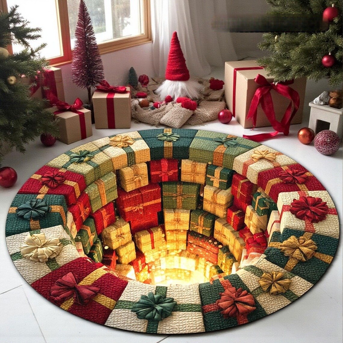 💯🎄3D Christmas Gnome Optical Illusion Round Rug | Fun Festive Home Decor Must‑Have⭐🏠🎁