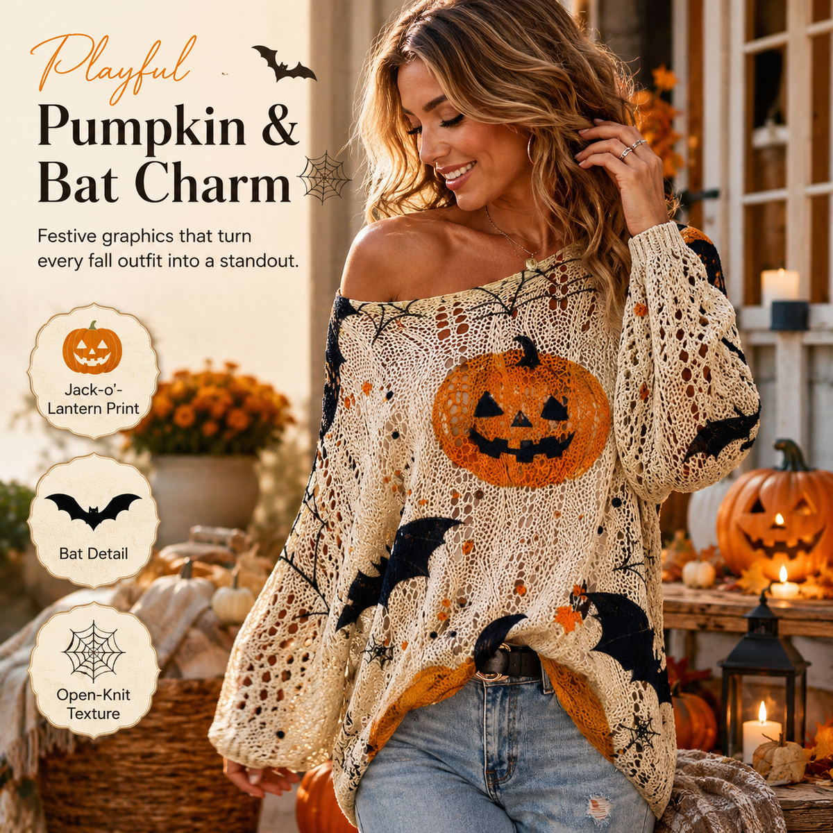 🎃 Women’s Pumpkin & Bat Crochet Knit Top – Festive Off-Shoulder Fall Style 🍂