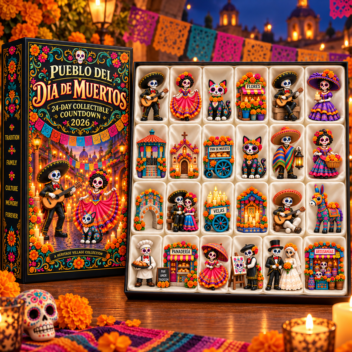 🏵Pueblo del Día de Muertos 2026 – 24-Day Day of the Dead Collectible Countdown Calendar with 24 Unique Miniatures