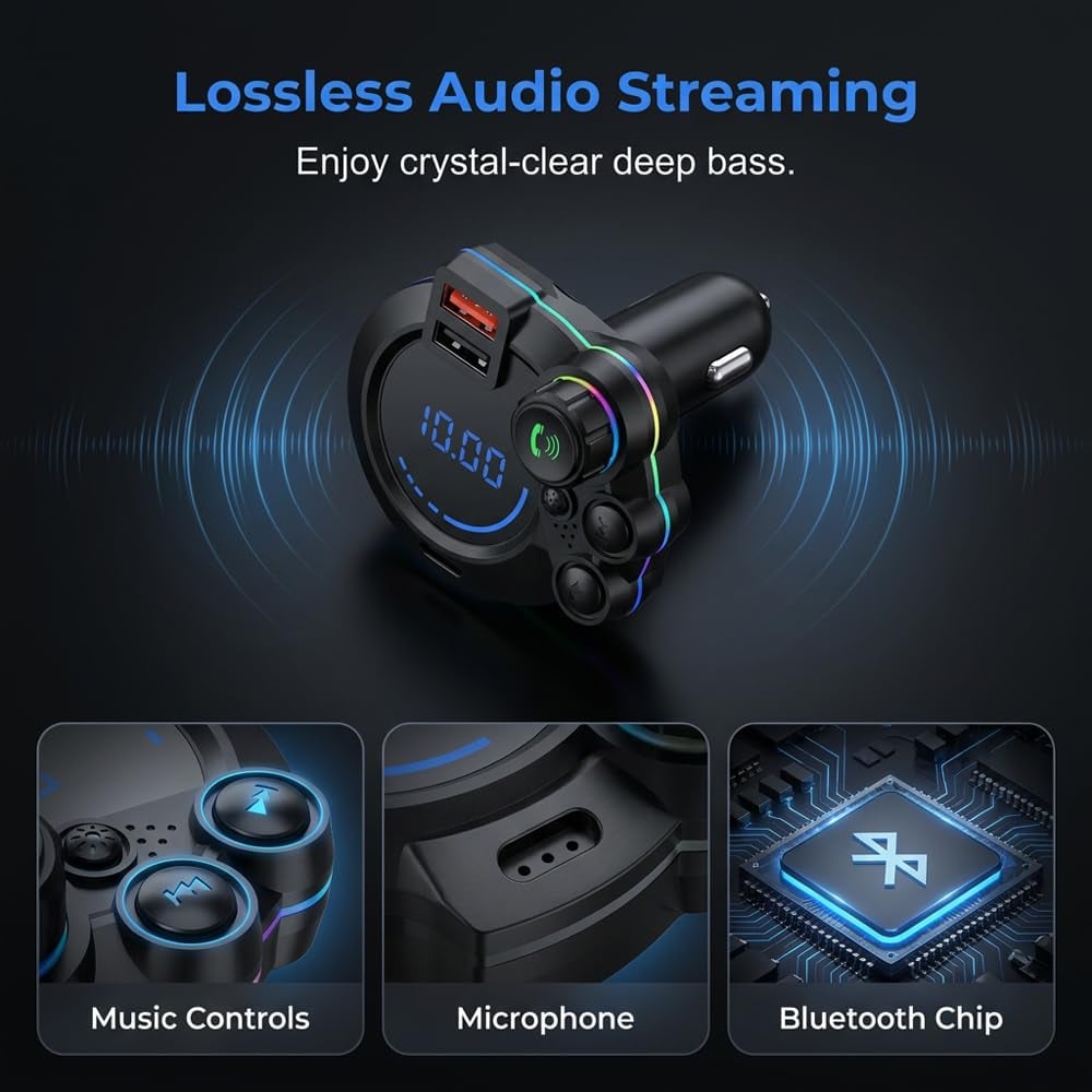 Bluetooth 5.3 Car FM Transmitter & Dual Port Fast Charger